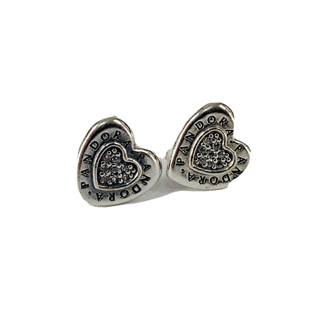 Authentic Pandora Sterling Silver Signature Heart Clear CZ Stud Earrings